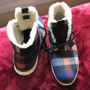 Worn once Cole Haan flannel, shearling lined boots